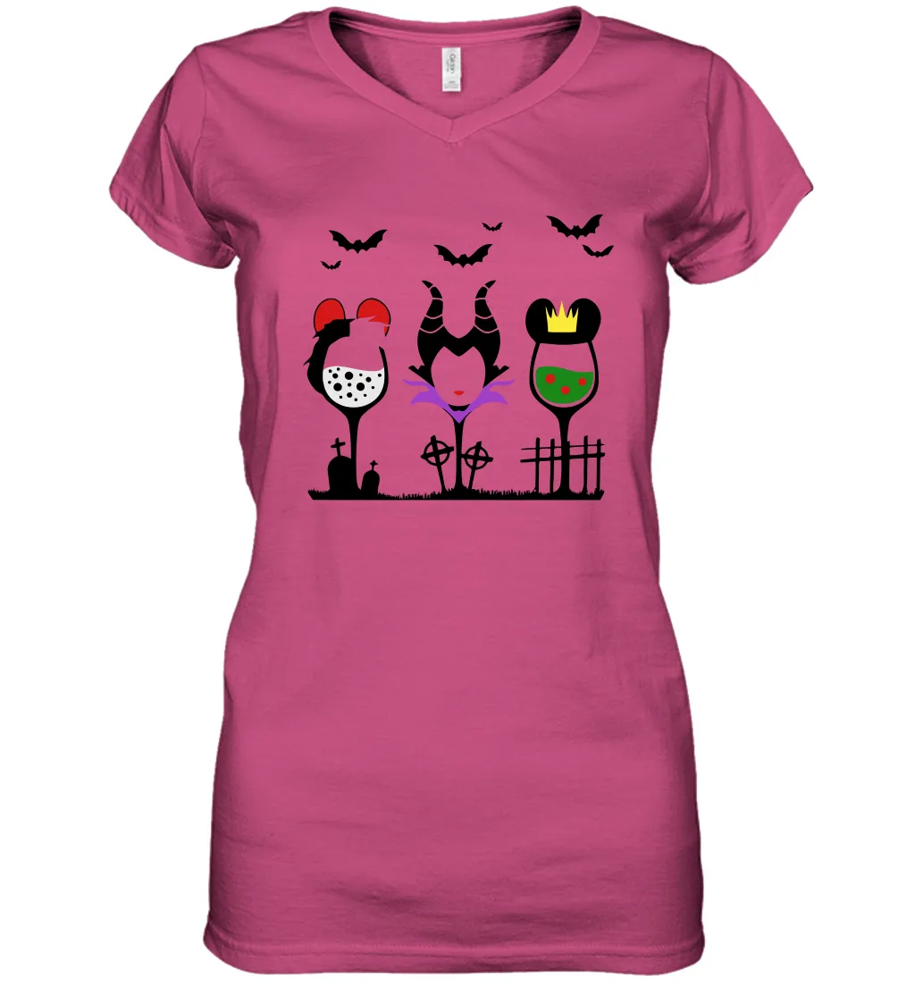 Disney Villains Cruella de Vil Maleficent Evil Queen wine Halloween Shirt Women's Vneck