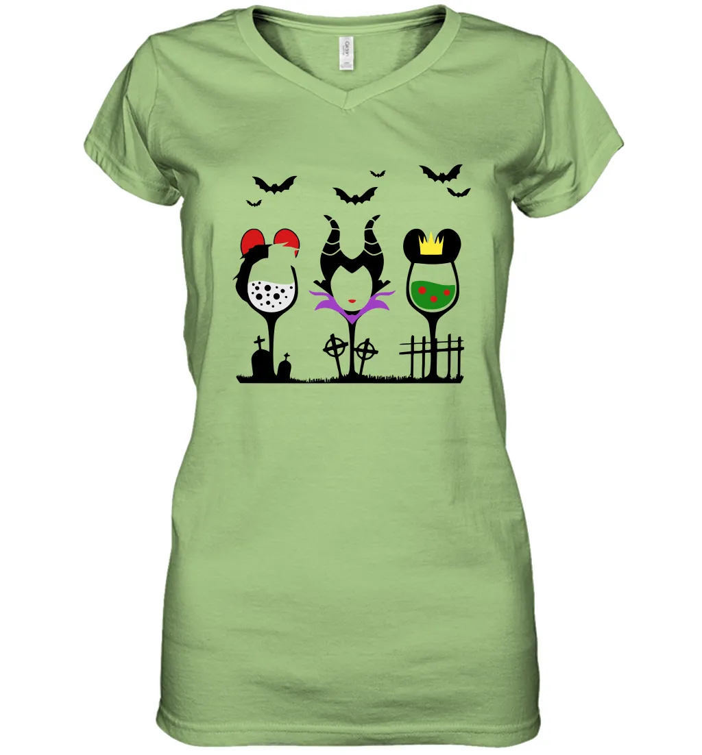 Disney Villains Cruella de Vil Maleficent Evil Queen wine Halloween Shirt Women's Vneck