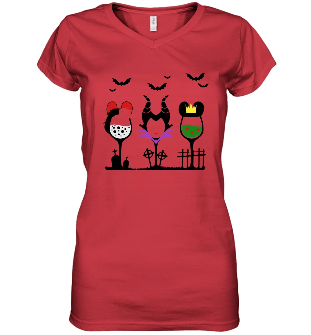 Disney Villains Cruella de Vil Maleficent Evil Queen wine Halloween Shirt Women's Vneck