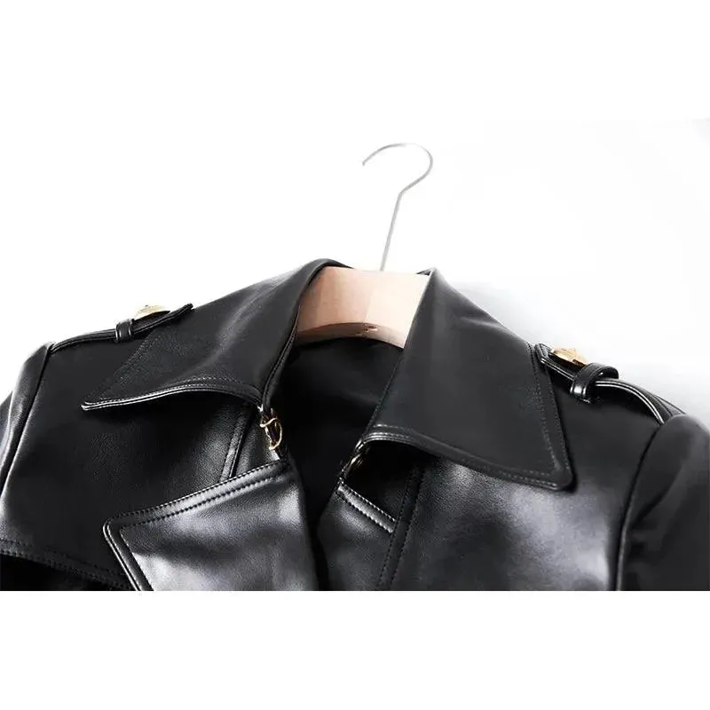 Double-Breasted Leather Women's Trench Overcoat