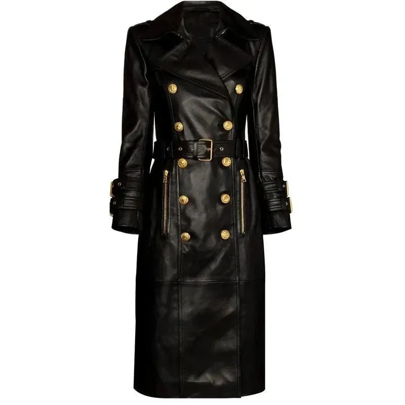 Double-Breasted Leather Women's Trench Overcoat