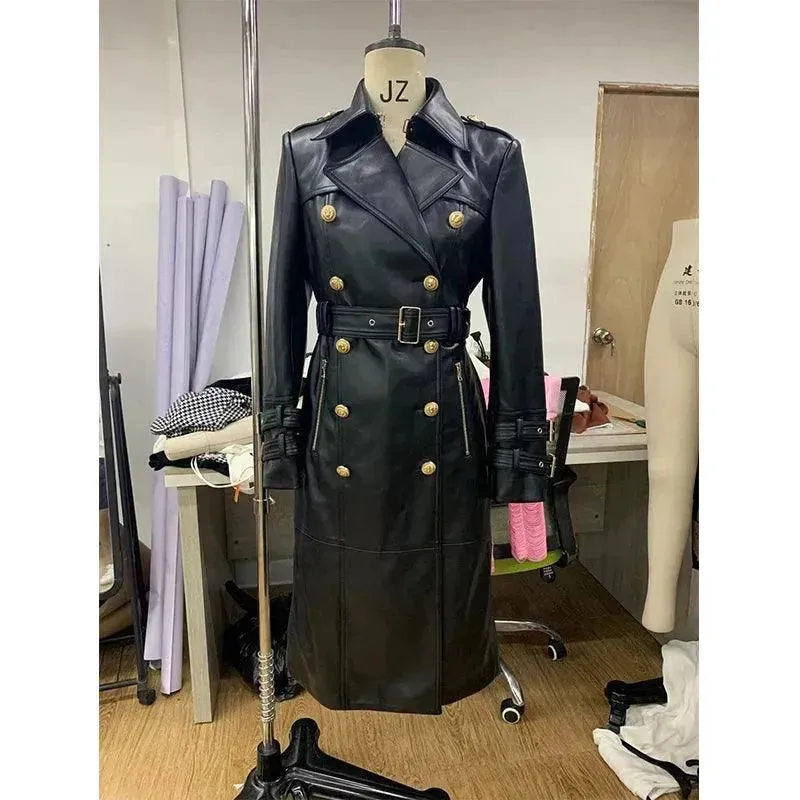 Double-Breasted Leather Women's Trench Overcoat