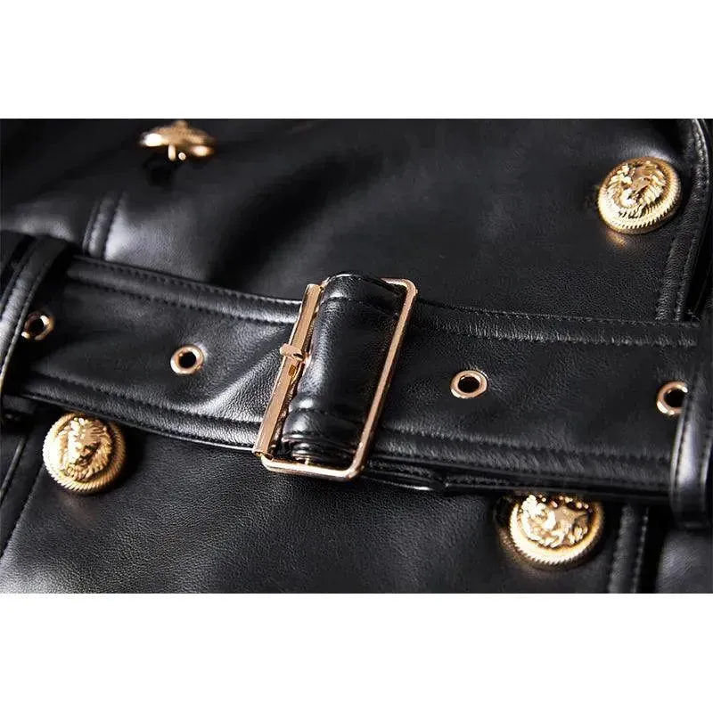 Double-Breasted Leather Women's Trench Overcoat