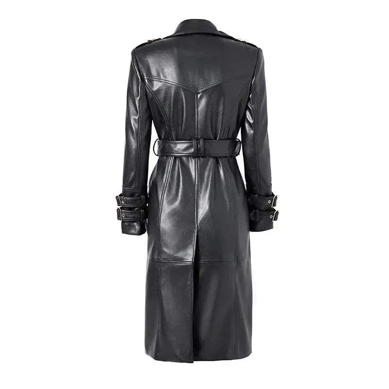 Double-Breasted Leather Women's Trench Overcoat