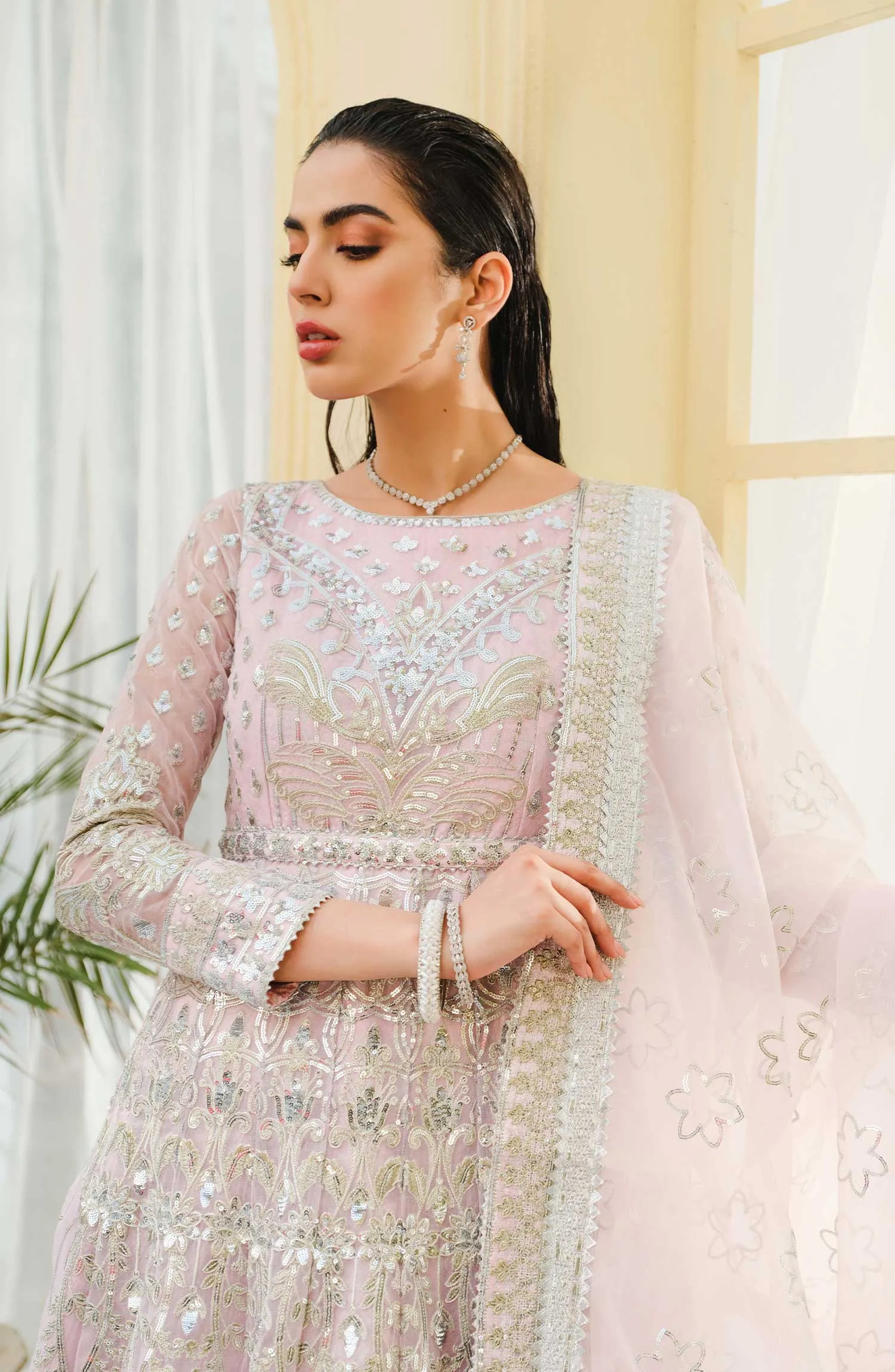 Elegant Long Frock Pakistani in Soft Pink Shade #PF423