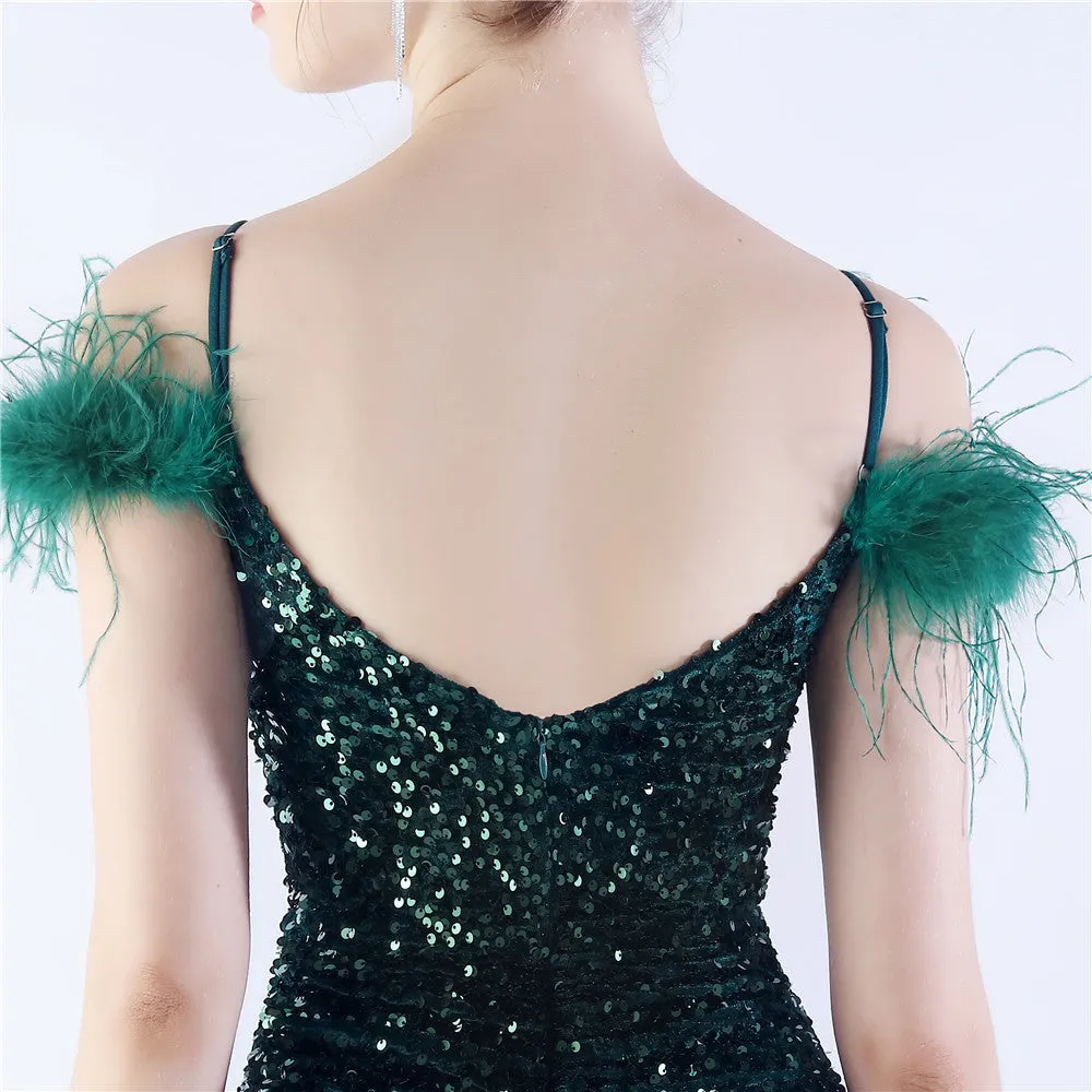 Elegant  Ostrich Feather Sequined Long Evening Dress