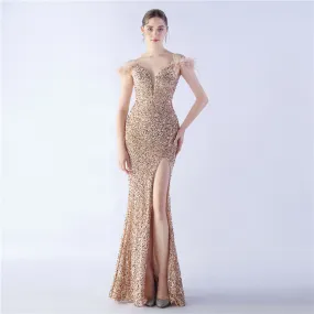 Elegant  Ostrich Feather Sequined Long Evening Dress
