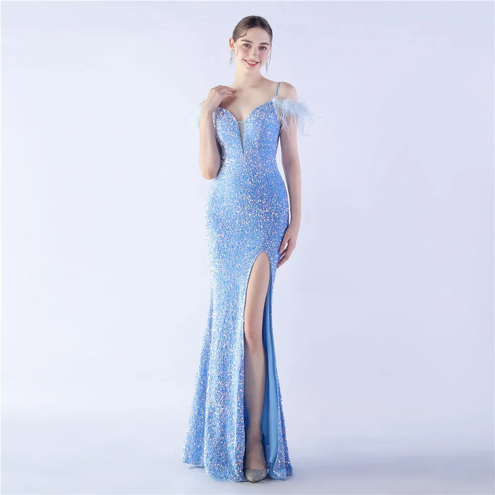Elegant  Ostrich Feather Sequined Long Evening Dress