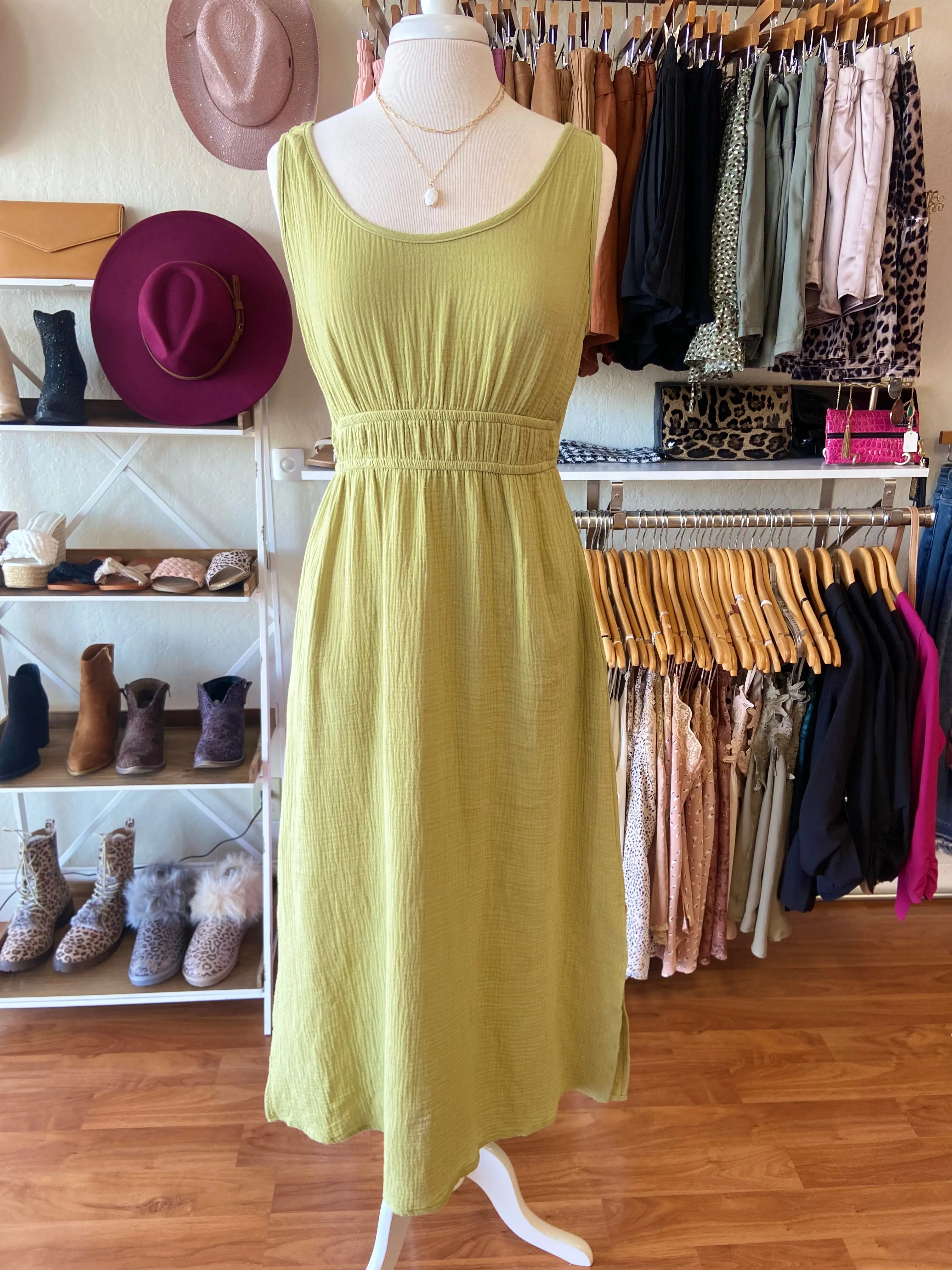 Enjoy The Shore Gauze Midi Dress In Green