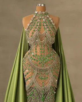 Evangelyne Rhinestone Dress with Green Cape