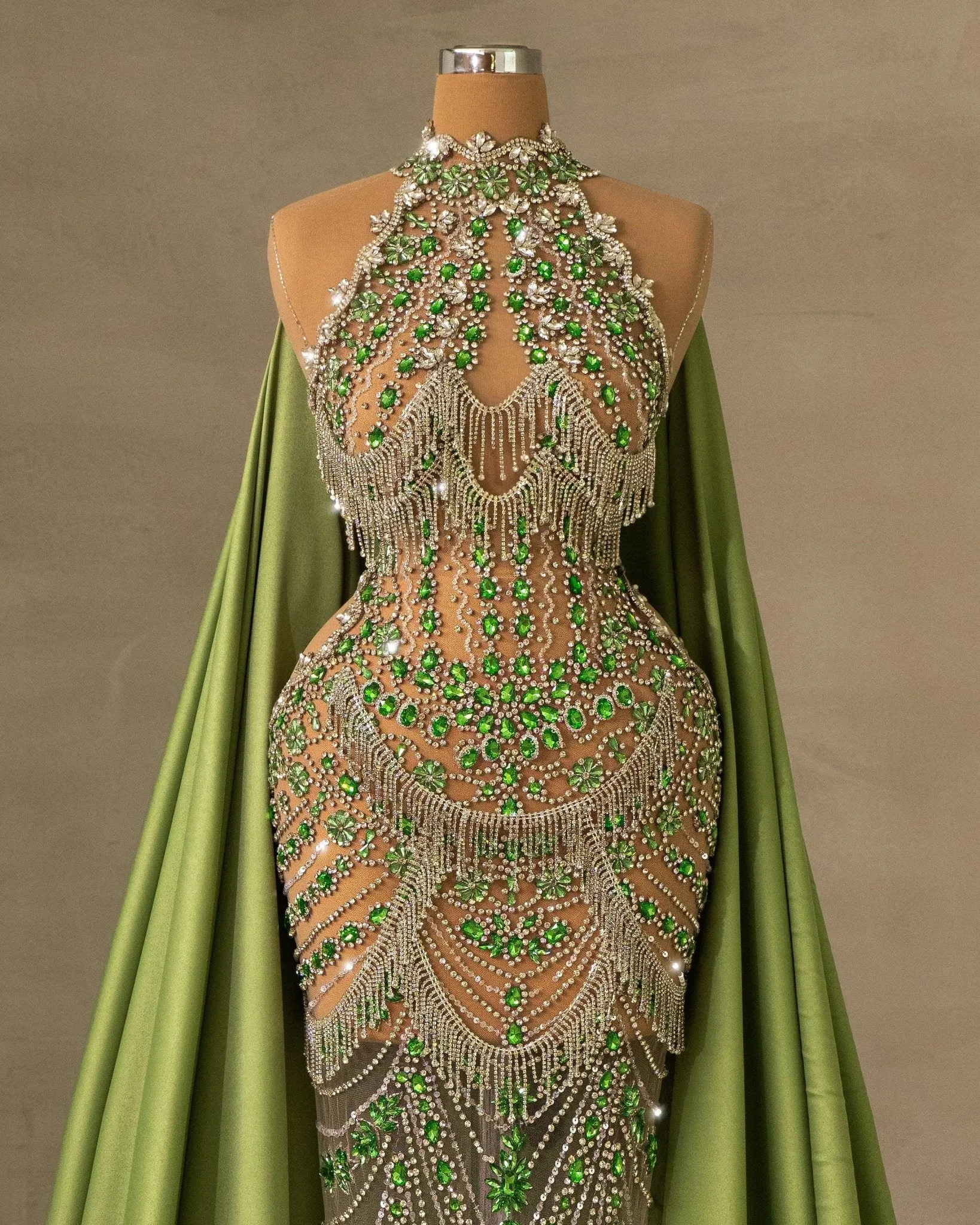 Evangelyne Rhinestone Dress with Green Cape