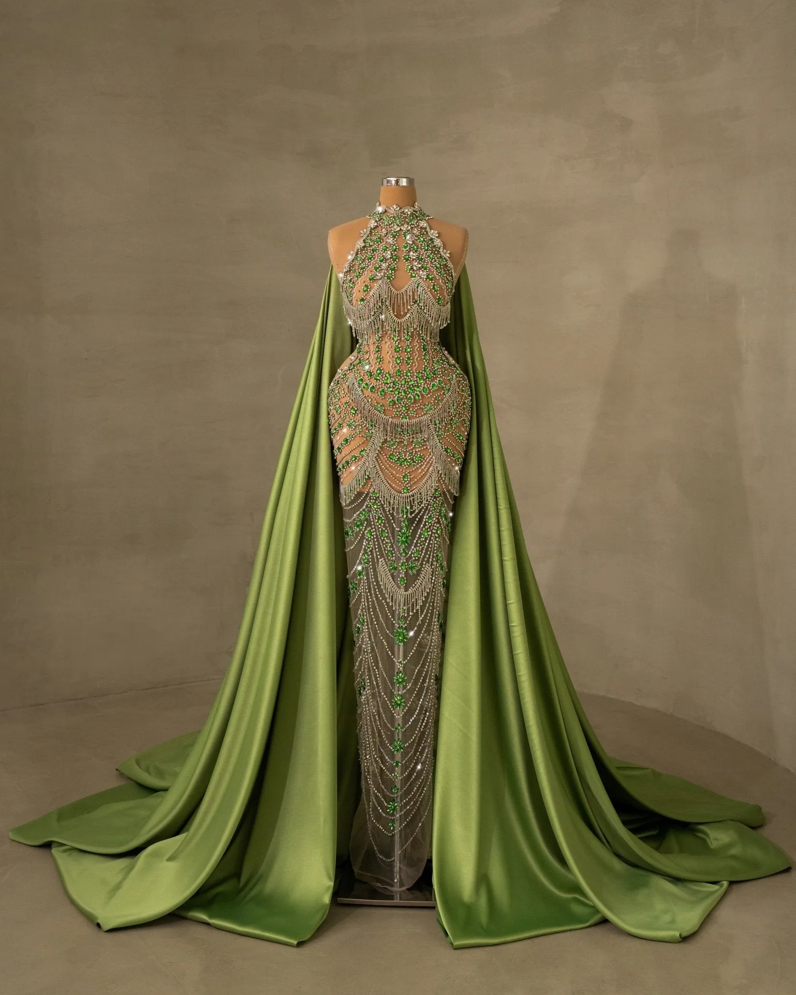 Evangelyne Rhinestone Dress with Green Cape