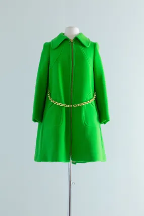 Fabulous 1960s Mod A-Line Coat In Kermit Green / Small