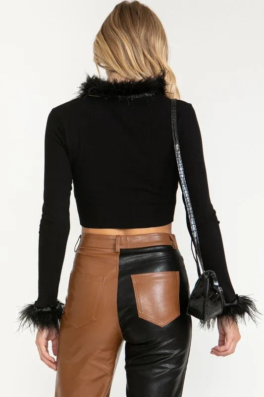 Feather Trim Classic Black Cardigan