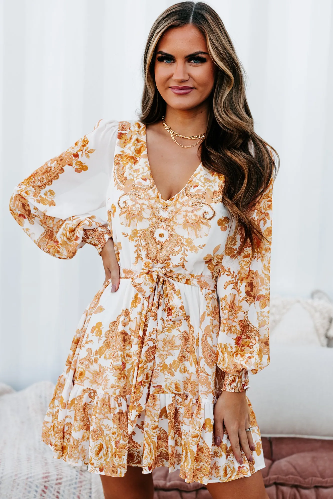 Floral Fascination Ruffle Hem Floral Dress (Cream)