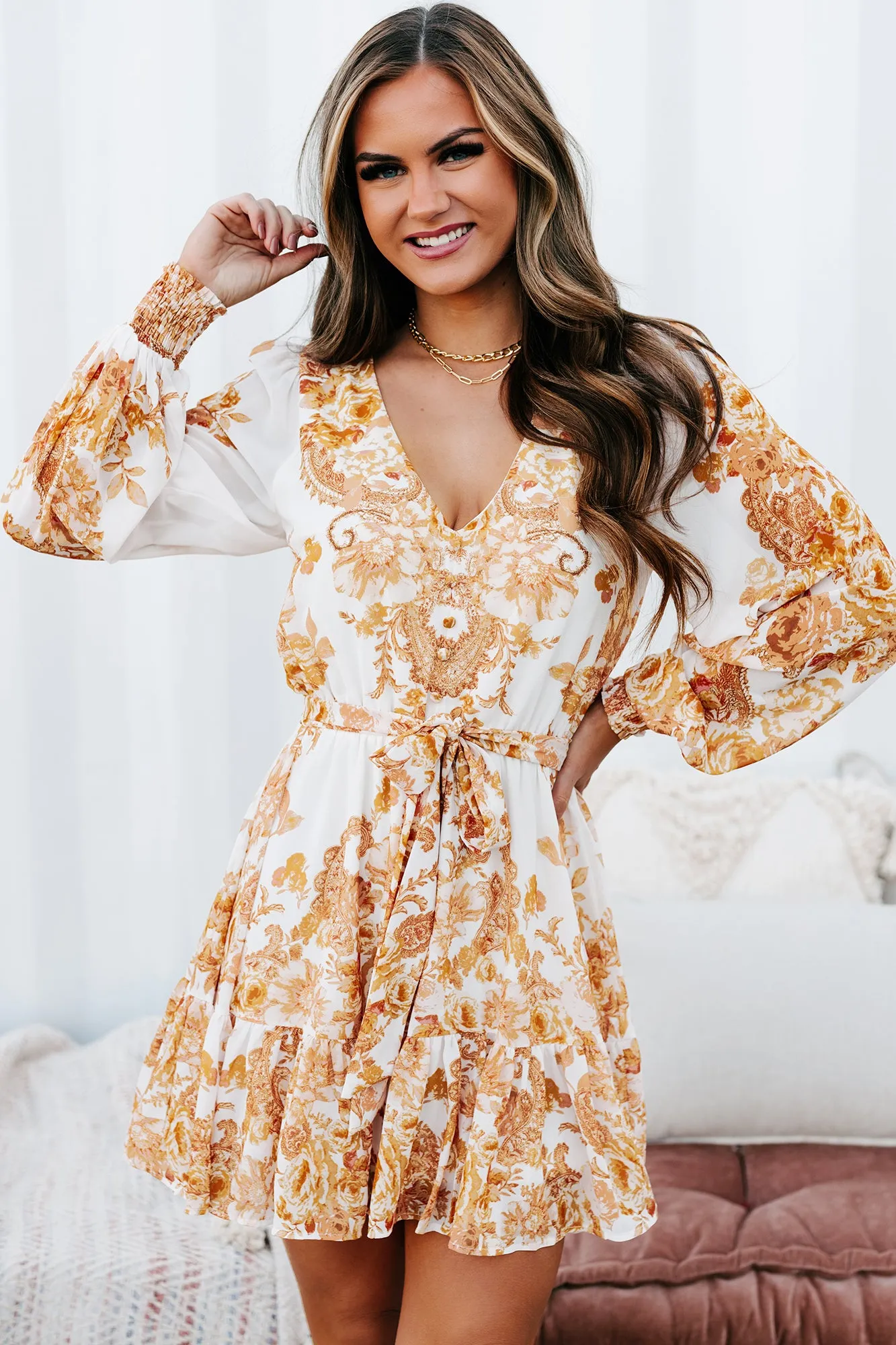 Floral Fascination Ruffle Hem Floral Dress (Cream)