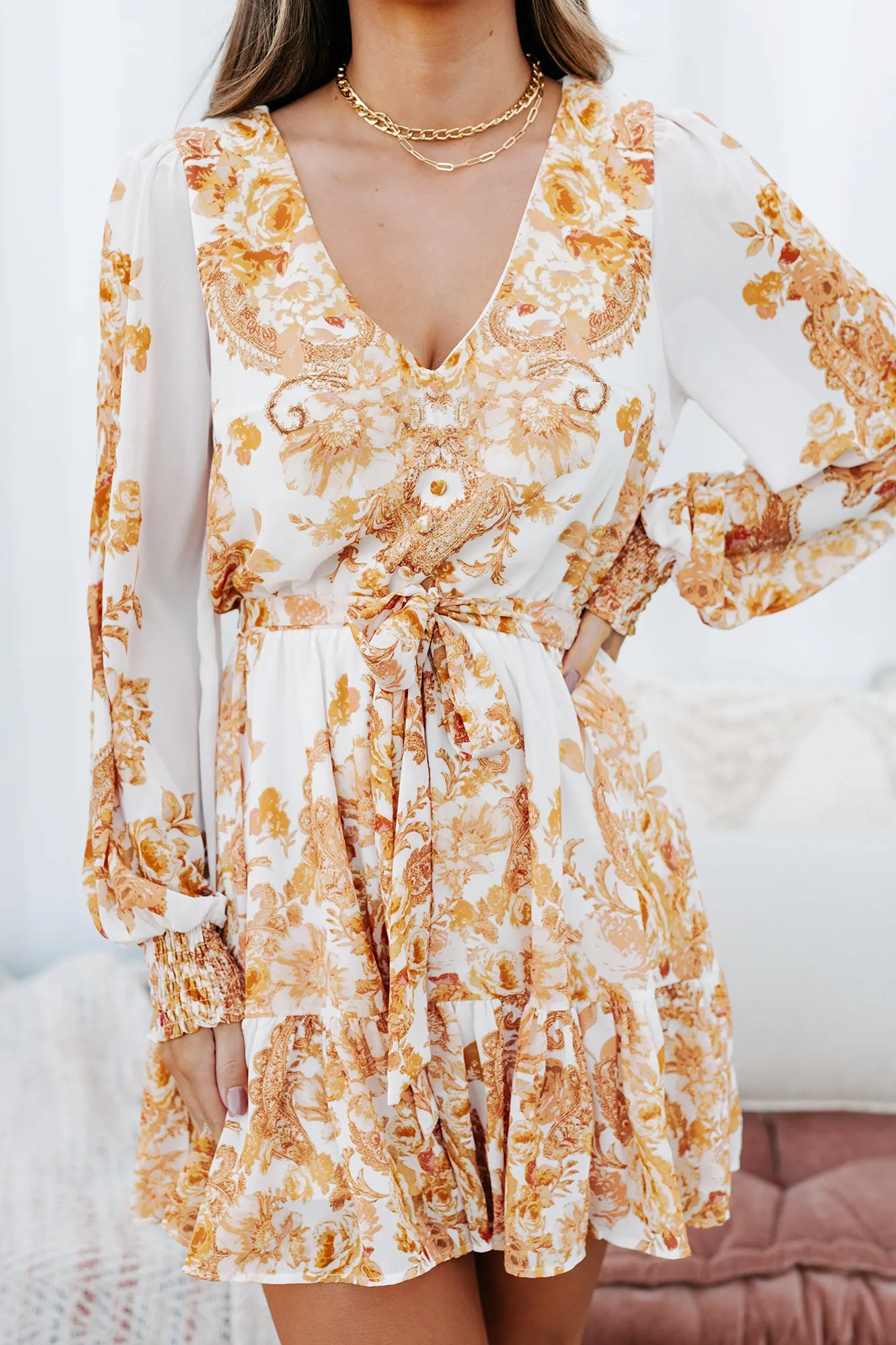Floral Fascination Ruffle Hem Floral Dress (Cream)