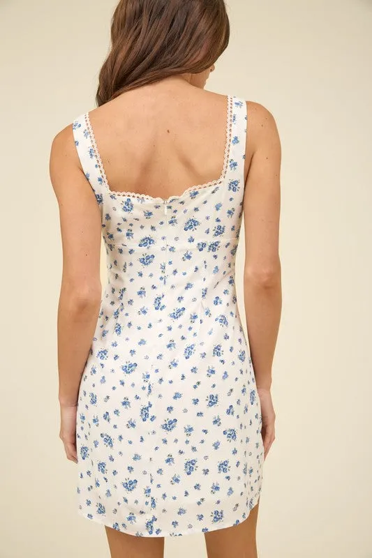 FLORAL SQUARE NECK LACE TRIM FRONT TIE MINI DRESS