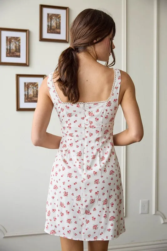 FLORAL SQUARE NECK LACE TRIM FRONT TIE MINI DRESS