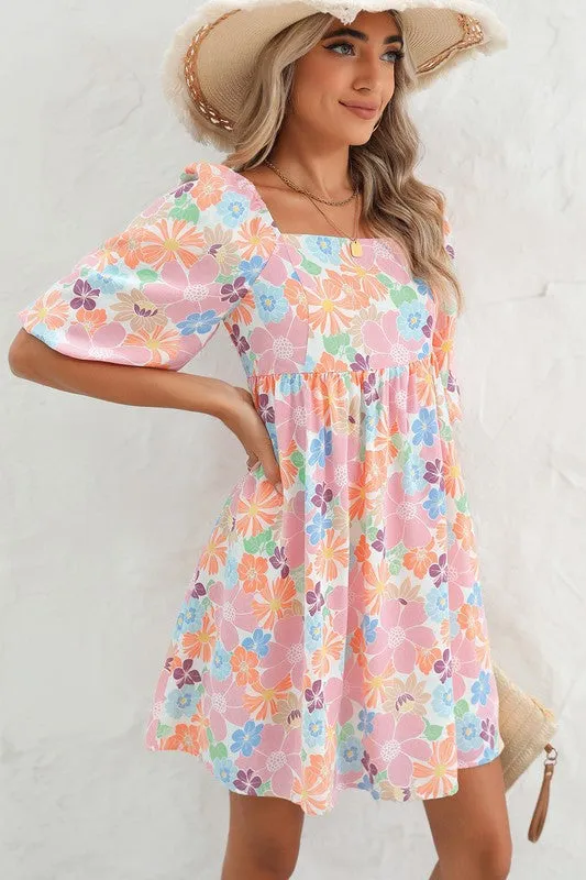 Floral Square Neck Puff Sleeve Babydoll Dress-SHIPS DIRECTLY TO YOU!