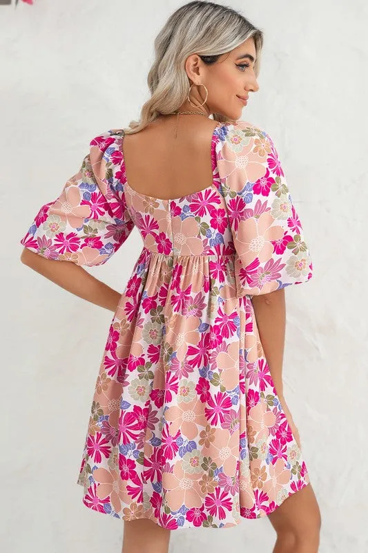 Floral Square Neck Puff Sleeve Babydoll Dress-SHIPS DIRECTLY TO YOU!