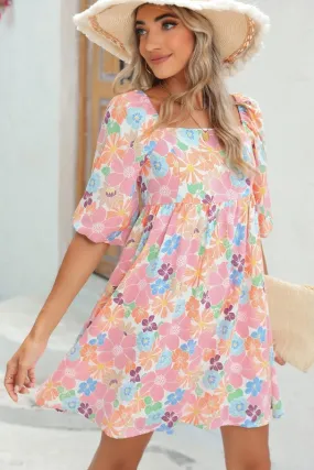 Floral Square Neck Puff Sleeve Babydoll Dress-SHIPS DIRECTLY TO YOU!