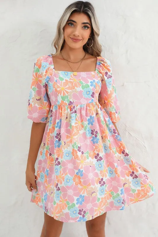 Floral Square Neck Puff Sleeve Babydoll Dress-SHIPS DIRECTLY TO YOU!