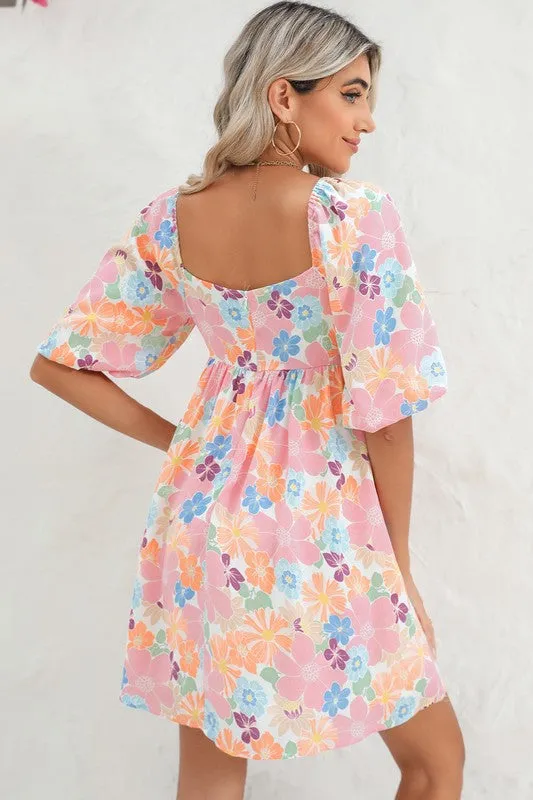 Floral Square Neck Puff Sleeve Babydoll Dress-SHIPS DIRECTLY TO YOU!