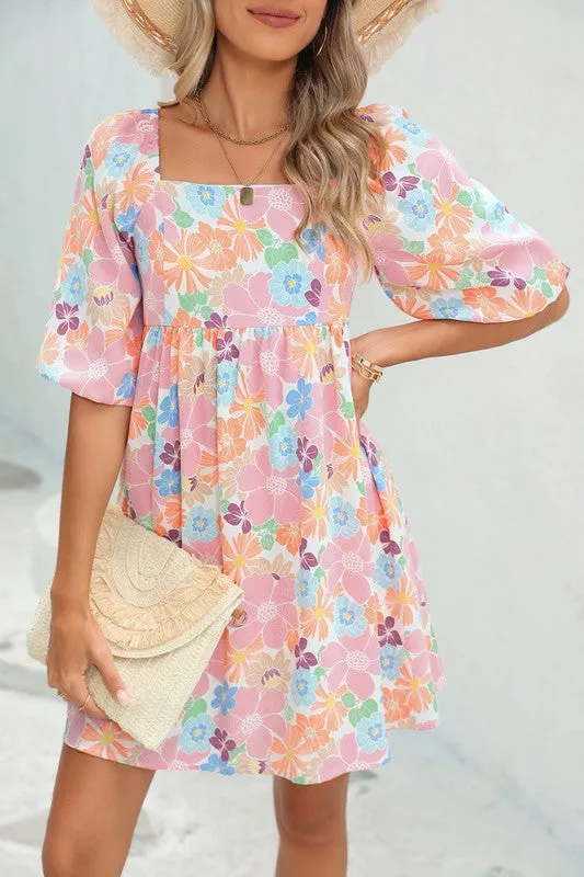 Floral Square Neck Puff Sleeve Babydoll Dress-SHIPS DIRECTLY TO YOU!