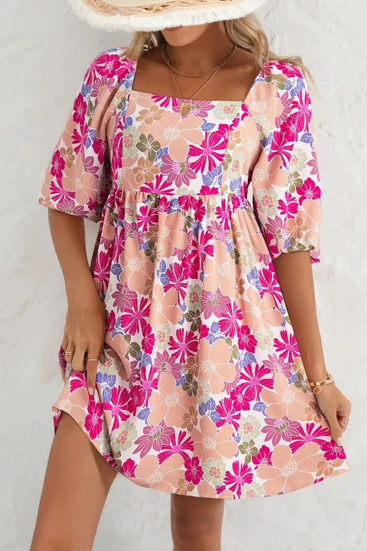 Floral Square Neck Puff Sleeve Babydoll Dress-SHIPS DIRECTLY TO YOU!