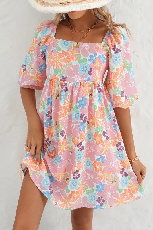 Floral Square Neck Puff Sleeve Babydoll Dress-SHIPS DIRECTLY TO YOU!