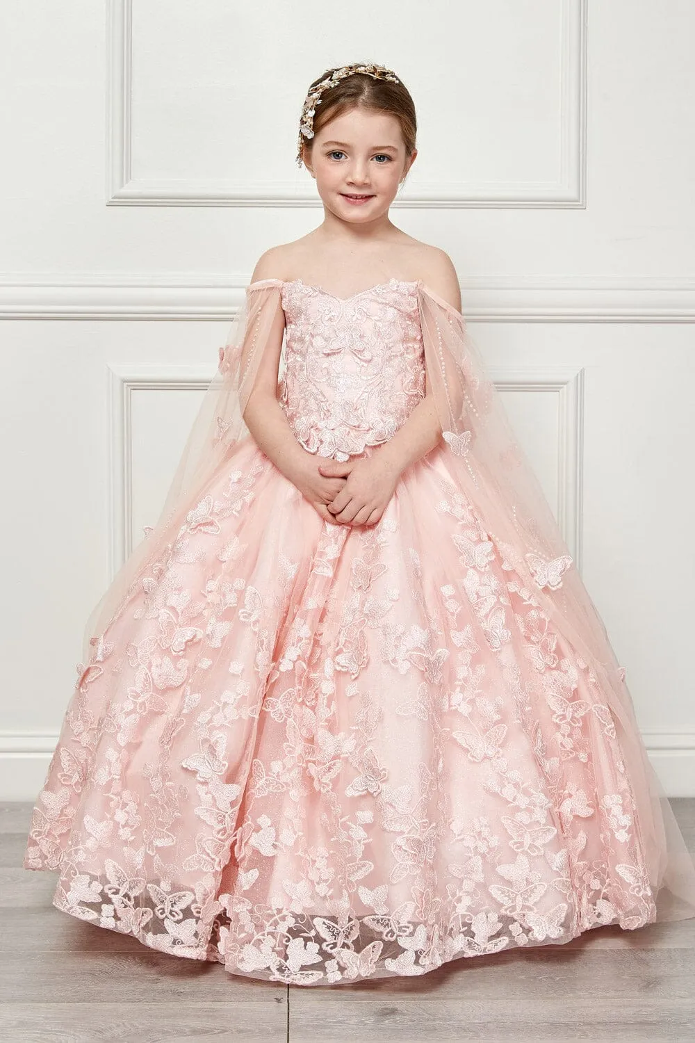 Girls 3D Butterfly Cape Ball Gown by Petite Adele PK1001