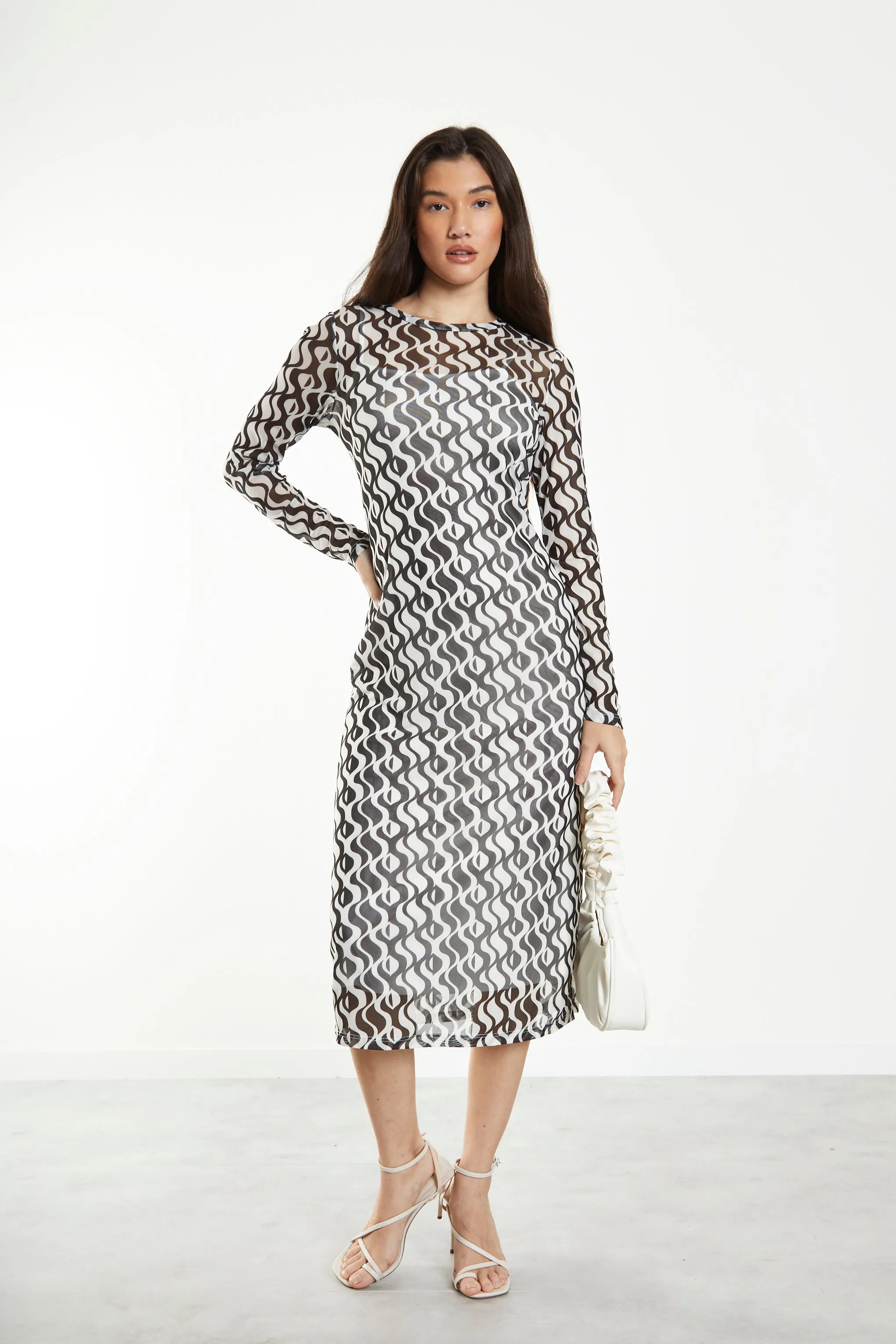 Glamorous Wavy Mono Mesh Midi dress with Long Sleeves & Cami Slip