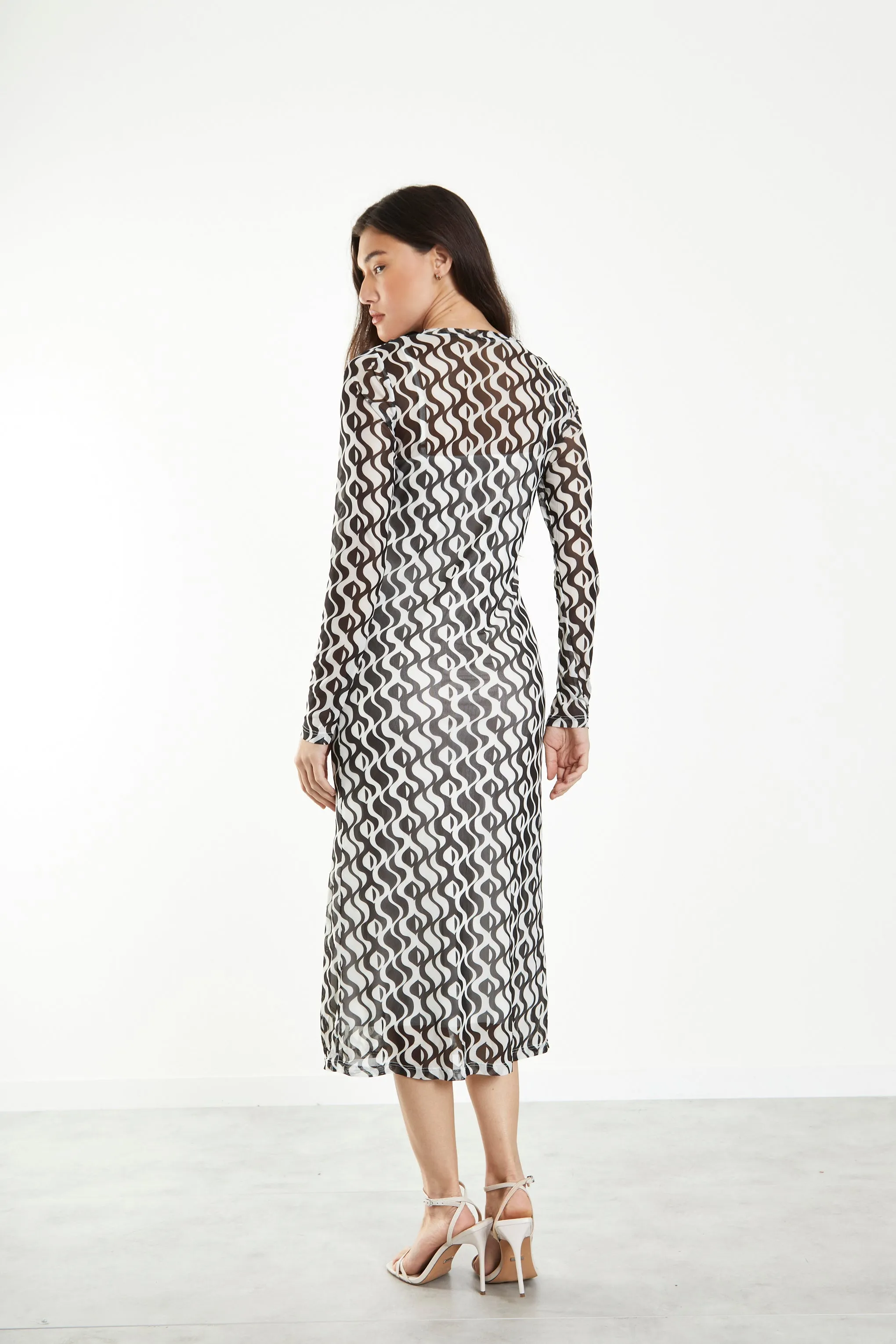 Glamorous Wavy Mono Mesh Midi dress with Long Sleeves & Cami Slip