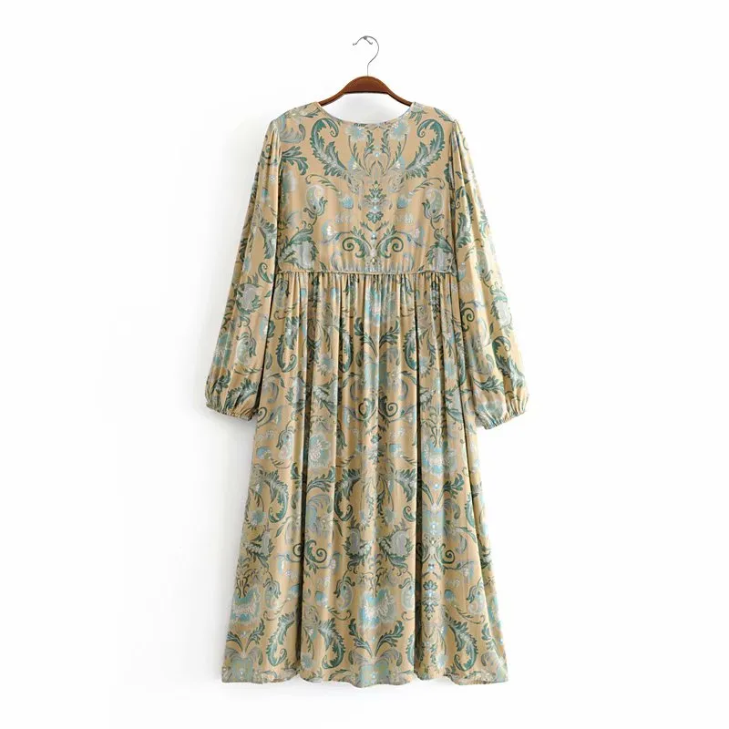 Gown Dress, Boho Maxi Dress, Loose Dress, Green and Copper Anna Vintage Rose
