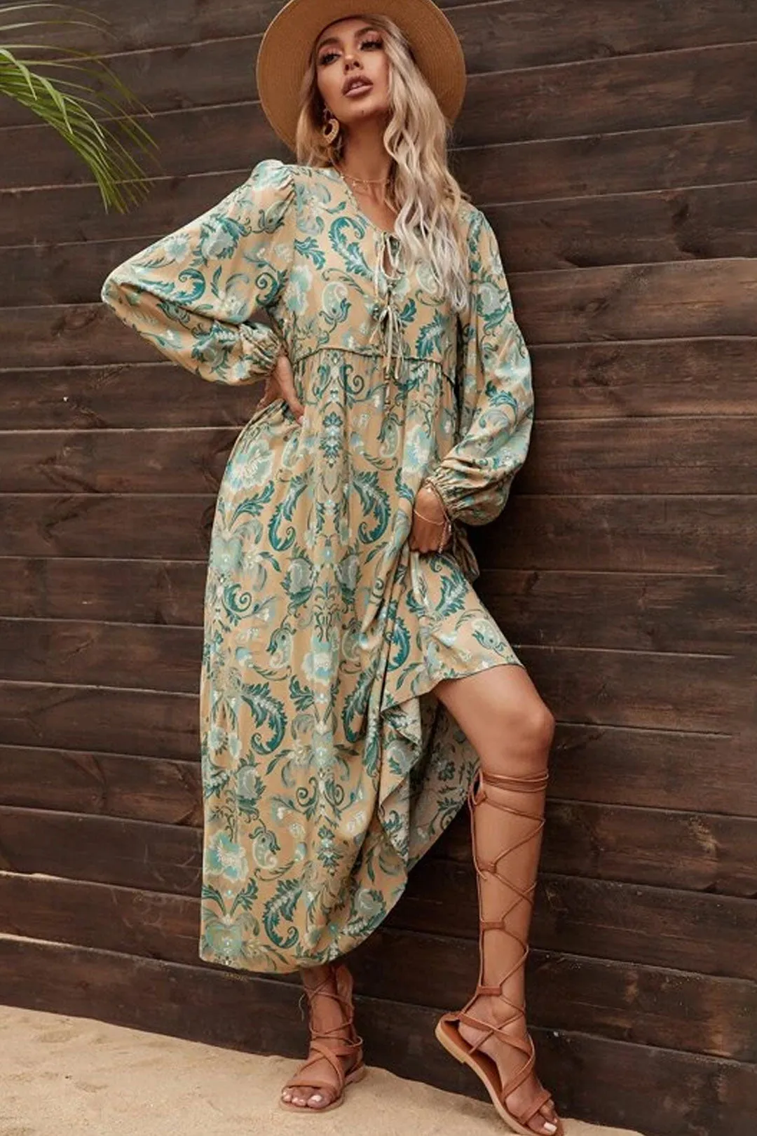 Gown Dress, Boho Maxi Dress, Loose Dress, Green and Copper Anna Vintage Rose