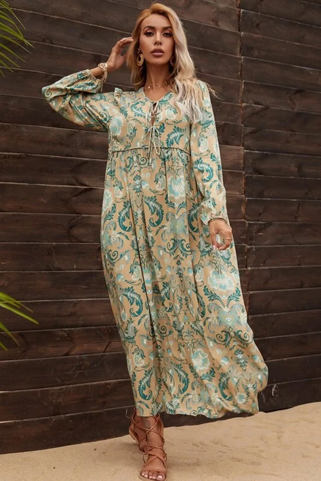 Gown Dress, Boho Maxi Dress, Loose Dress, Green and Copper Anna Vintage Rose