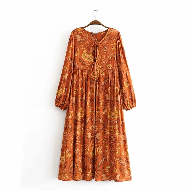 Gown Dress, Boho Maxi Dress, Loose Dress, Green and Copper Anna Vintage Rose