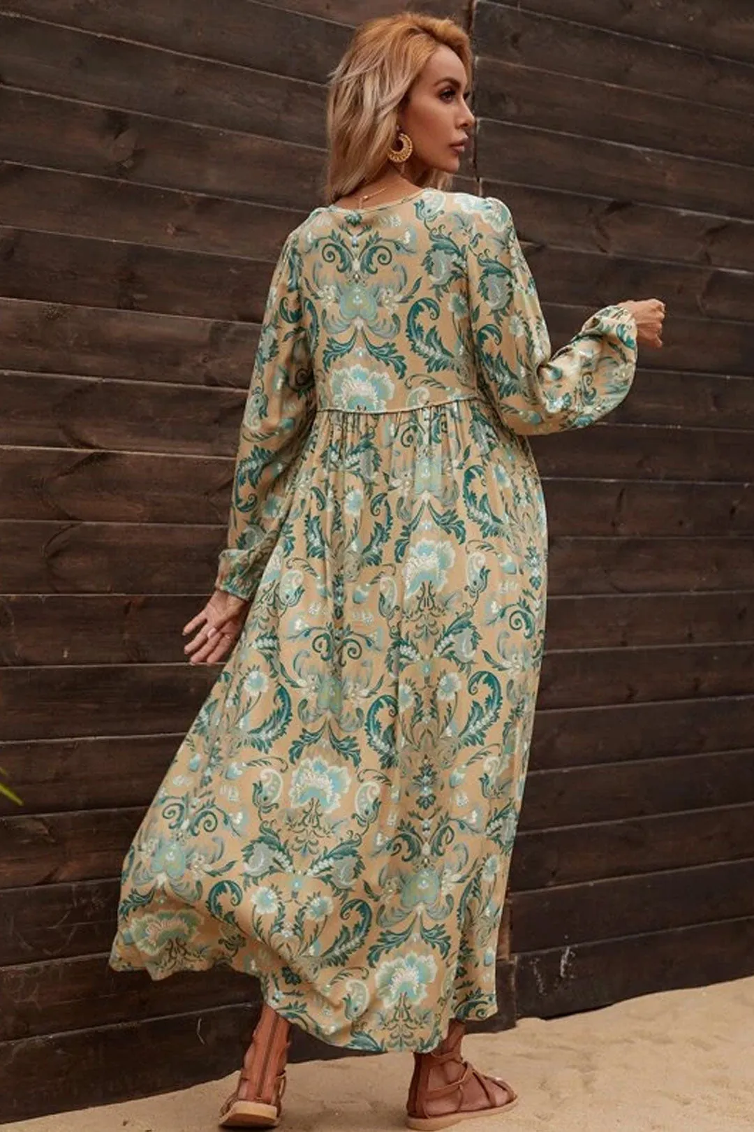 Gown Dress, Boho Maxi Dress, Loose Dress, Green and Copper Anna Vintage Rose