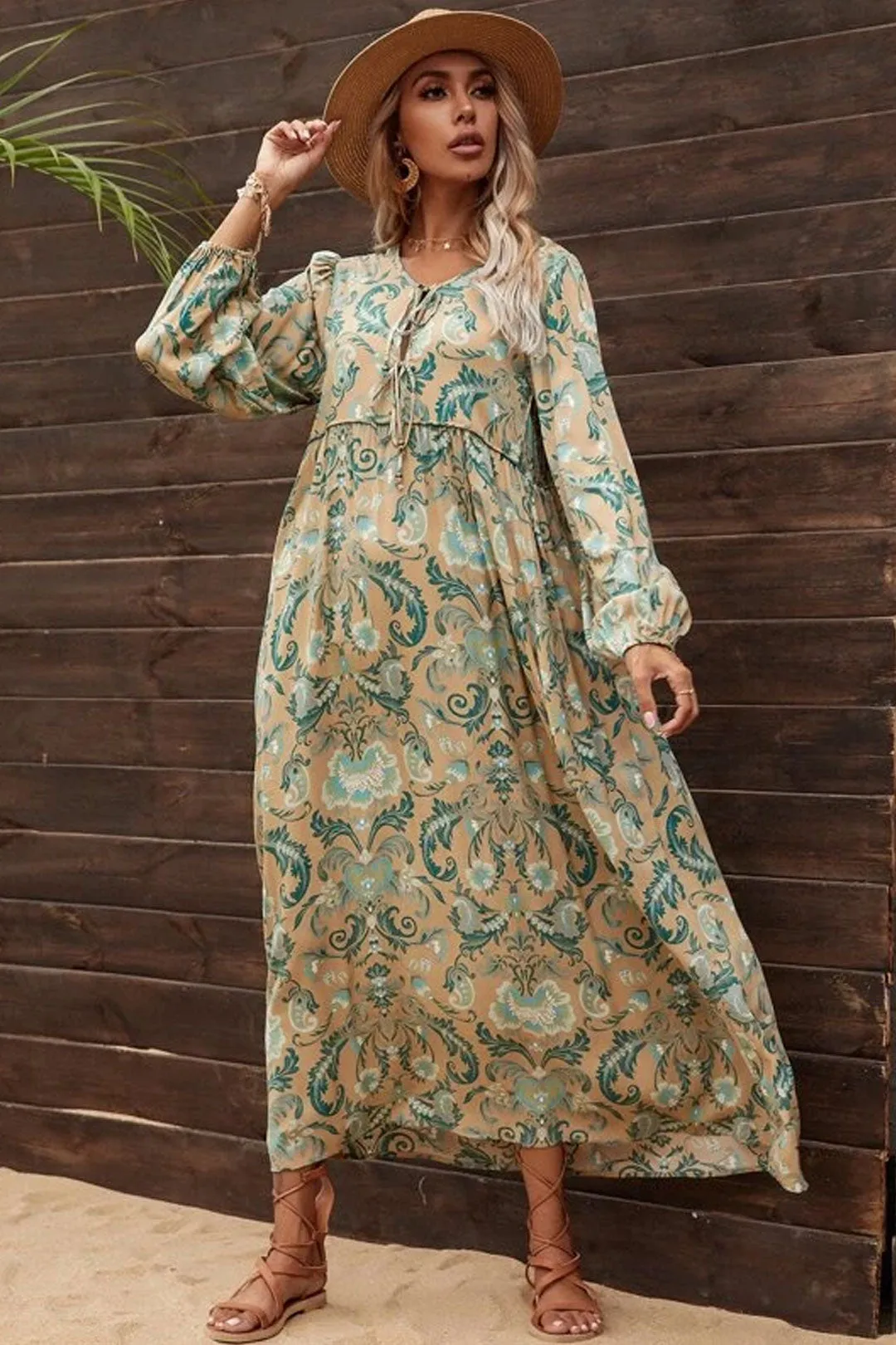 Gown Dress, Boho Maxi Dress, Loose Dress, Green and Copper Anna Vintage Rose