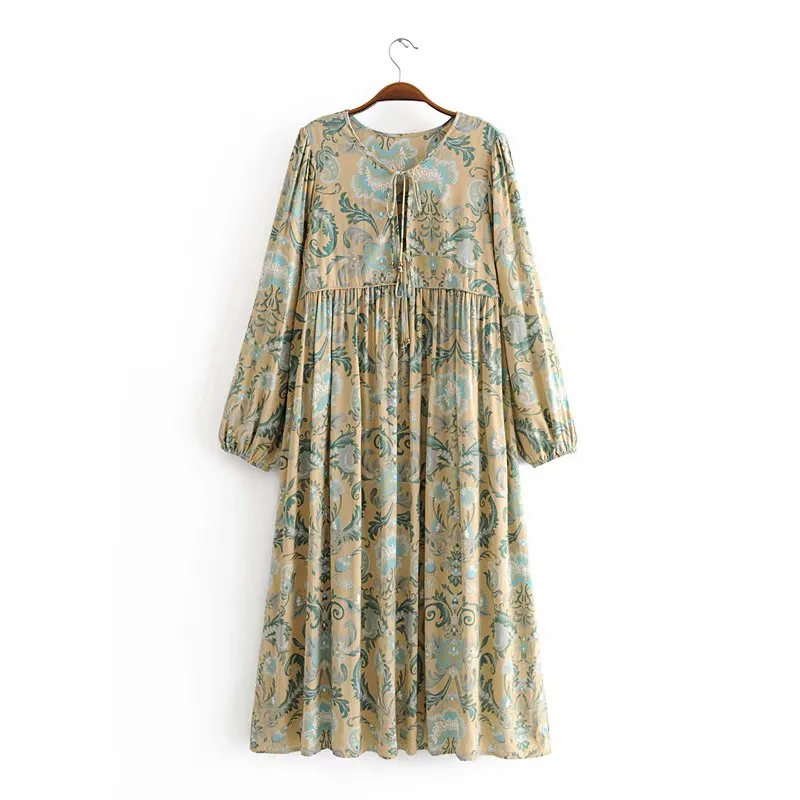Gown Dress, Boho Maxi Dress, Loose Dress, Green and Copper Anna Vintage Rose