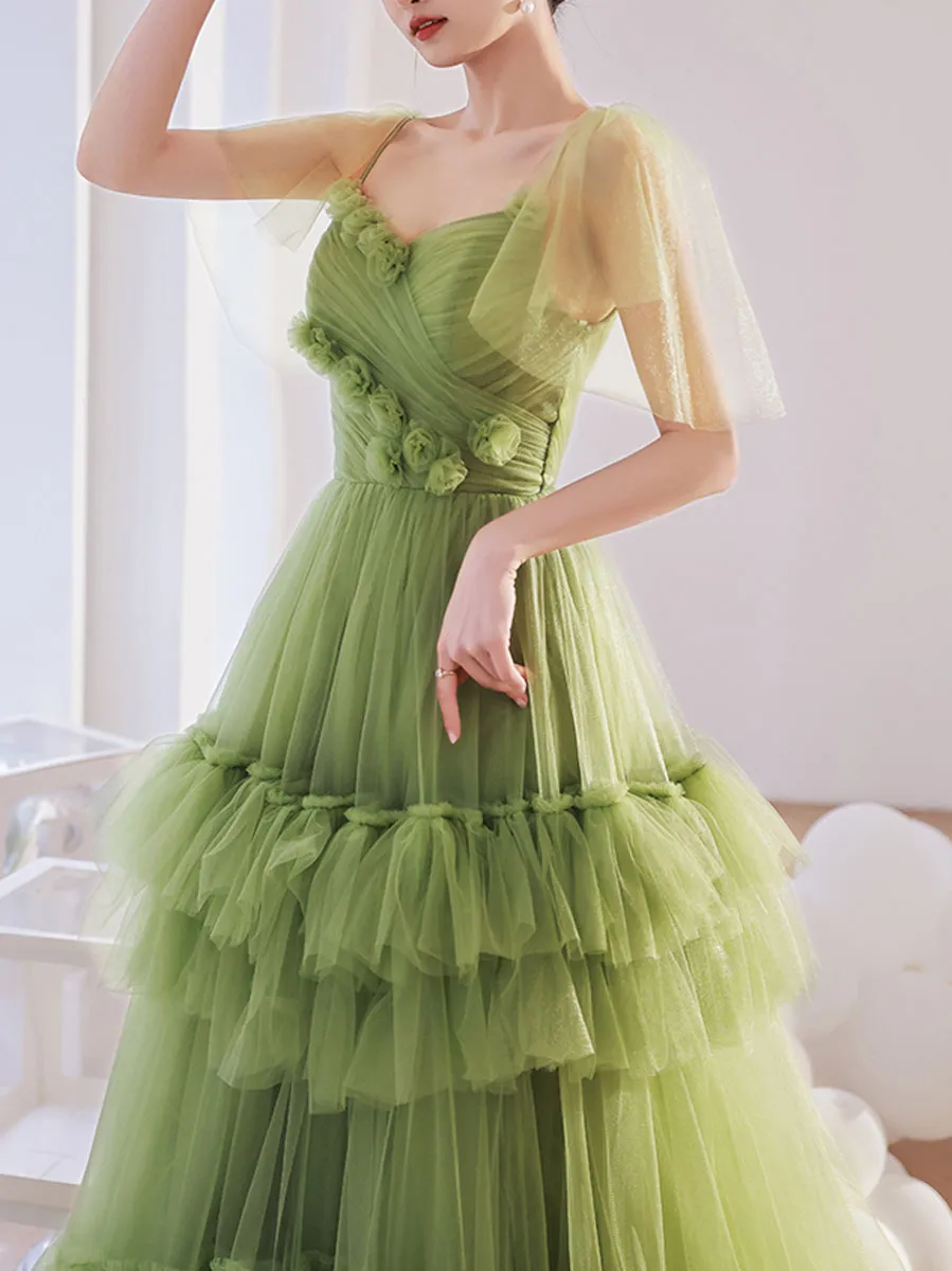 Green V Neck Tulle Long Prom Dress, Green Tulle Formal Dresses