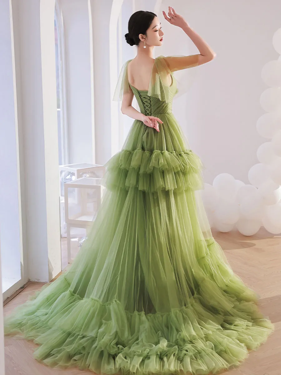 Green V Neck Tulle Long Prom Dress, Green Tulle Formal Dresses