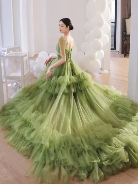 Green V Neck Tulle Long Prom Dress, Green Tulle Formal Dresses