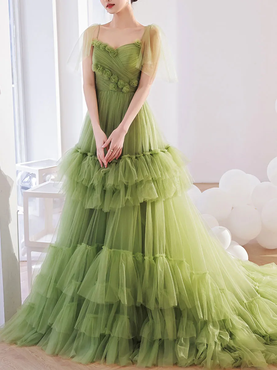 Green V Neck Tulle Long Prom Dress, Green Tulle Formal Dresses