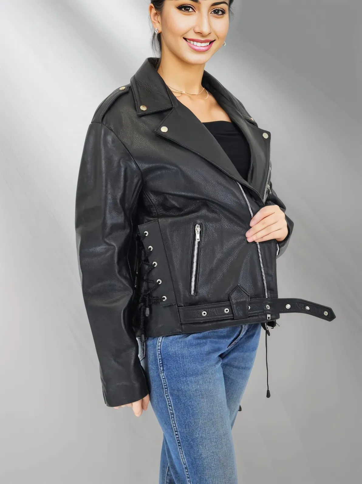 Handcrafted Women's Sheepskin Leather Biker Jacket – Premium Style Black