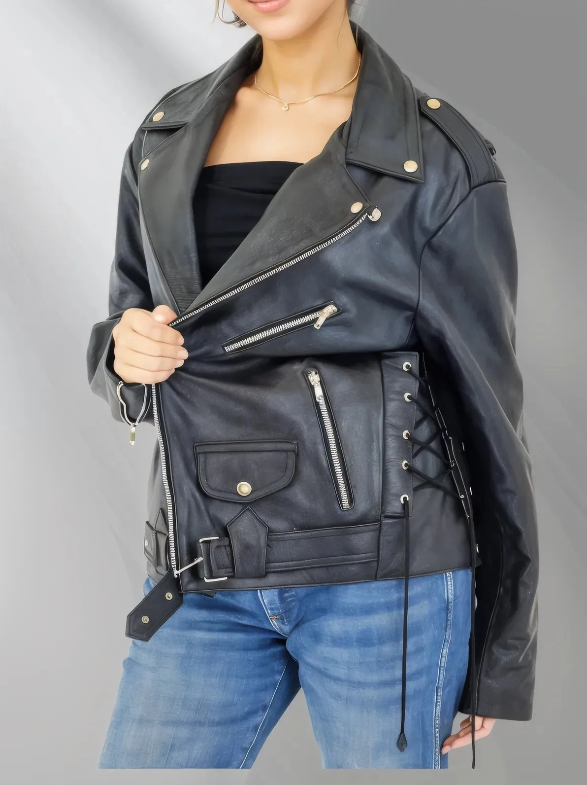 Handcrafted Women's Sheepskin Leather Biker Jacket – Premium Style Black