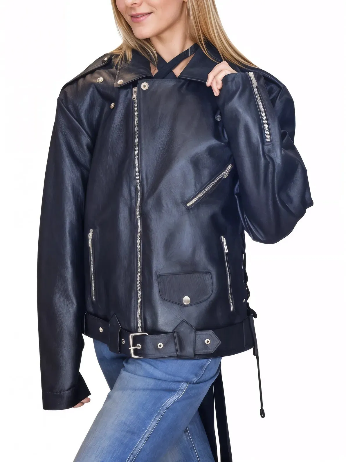 Handcrafted Women's Sheepskin Leather Biker Jacket – Premium Style Black