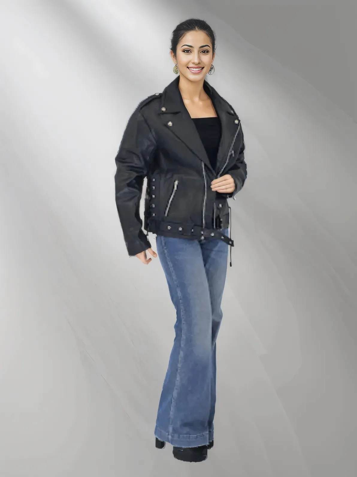 Handcrafted Women's Sheepskin Leather Biker Jacket – Premium Style Black