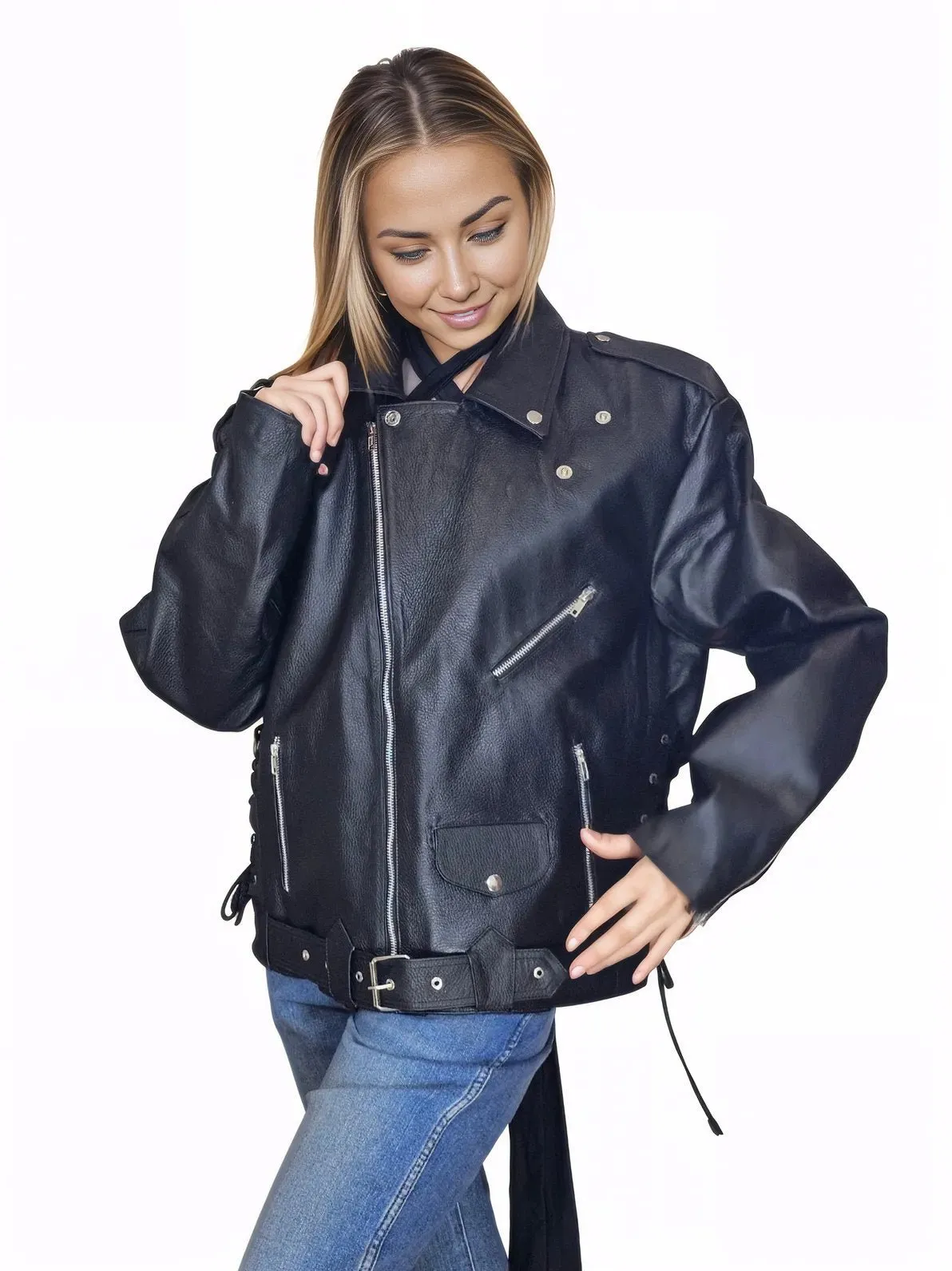 Handcrafted Women's Sheepskin Leather Biker Jacket – Premium Style Black